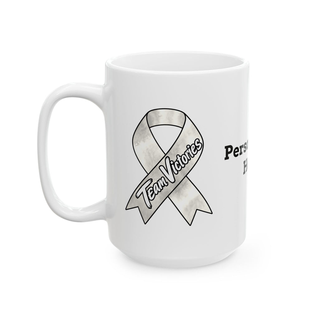 Moooove Over Cancer ceramic mug with cow artwork, C-handle, and Lung Cancer awareness ribbon