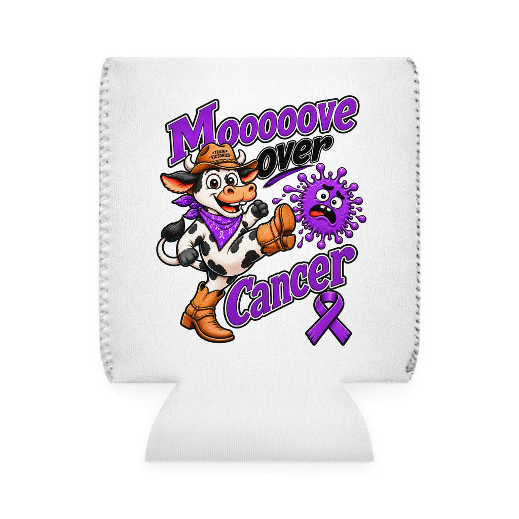 Moooove Over Cancer can cooler sleeve with cow artwork and purple Pancreatic Cancer awareness ribbon