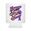 Moooove Over Cancer can cooler sleeve with cow artwork and purple Pancreatic Cancer awareness ribbon