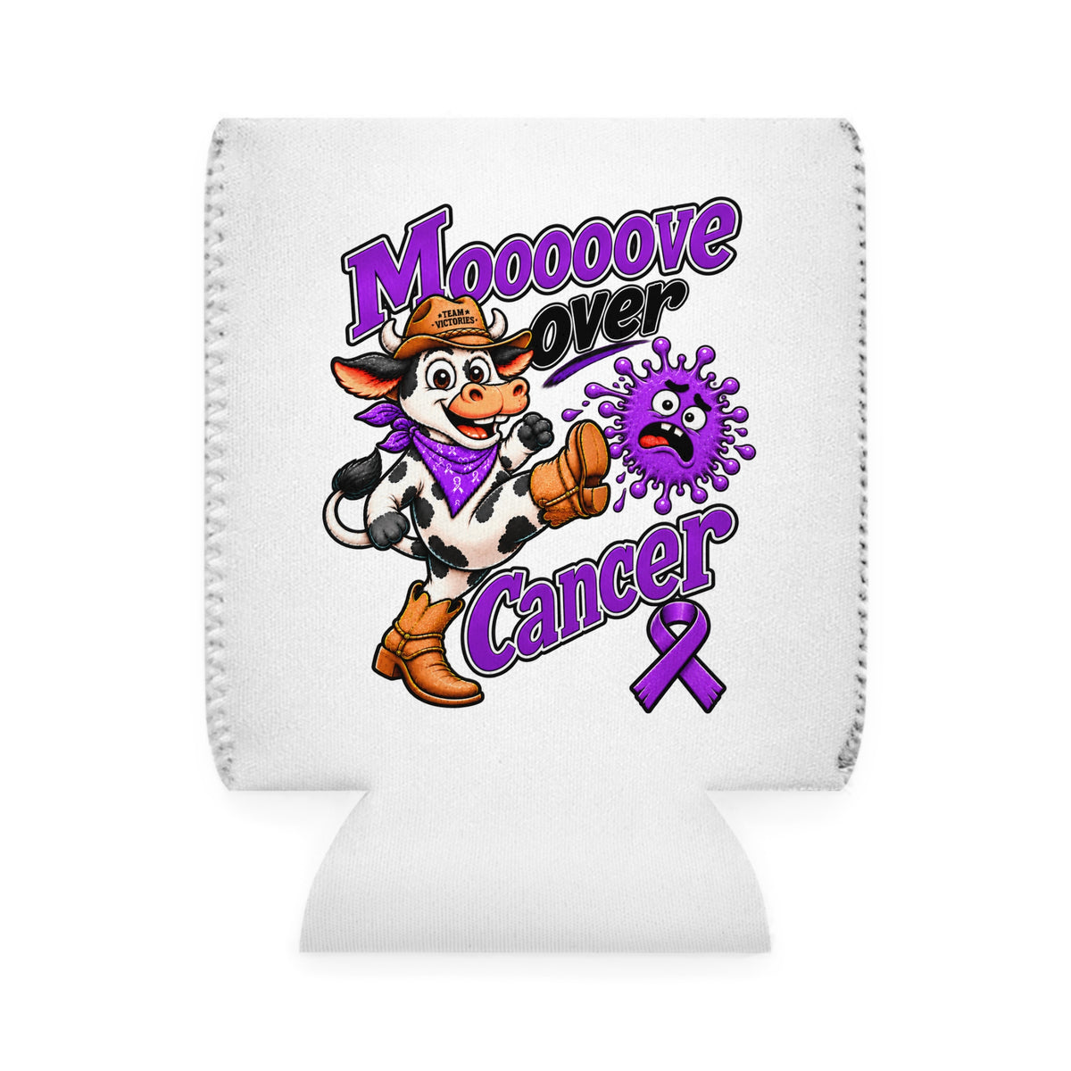 Moooove Over Cancer can cooler sleeve with cow artwork and purple Pancreatic Cancer awareness ribbon