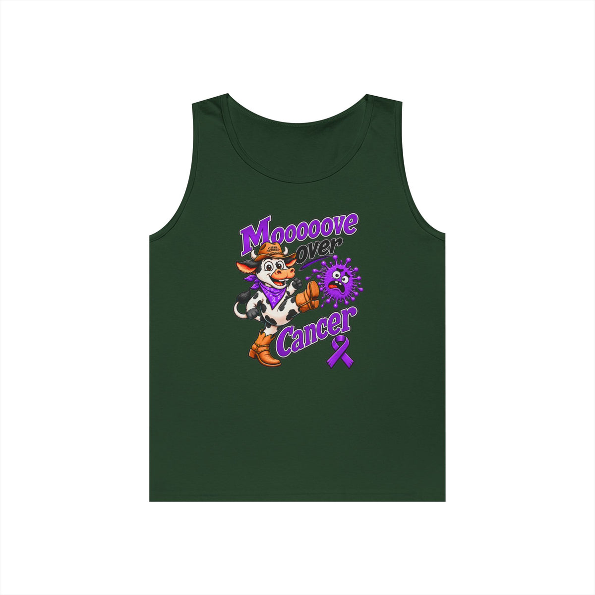 Moooove Over Cancer dark green tank top with Pancreatic Cancer awareness ribbon artwork