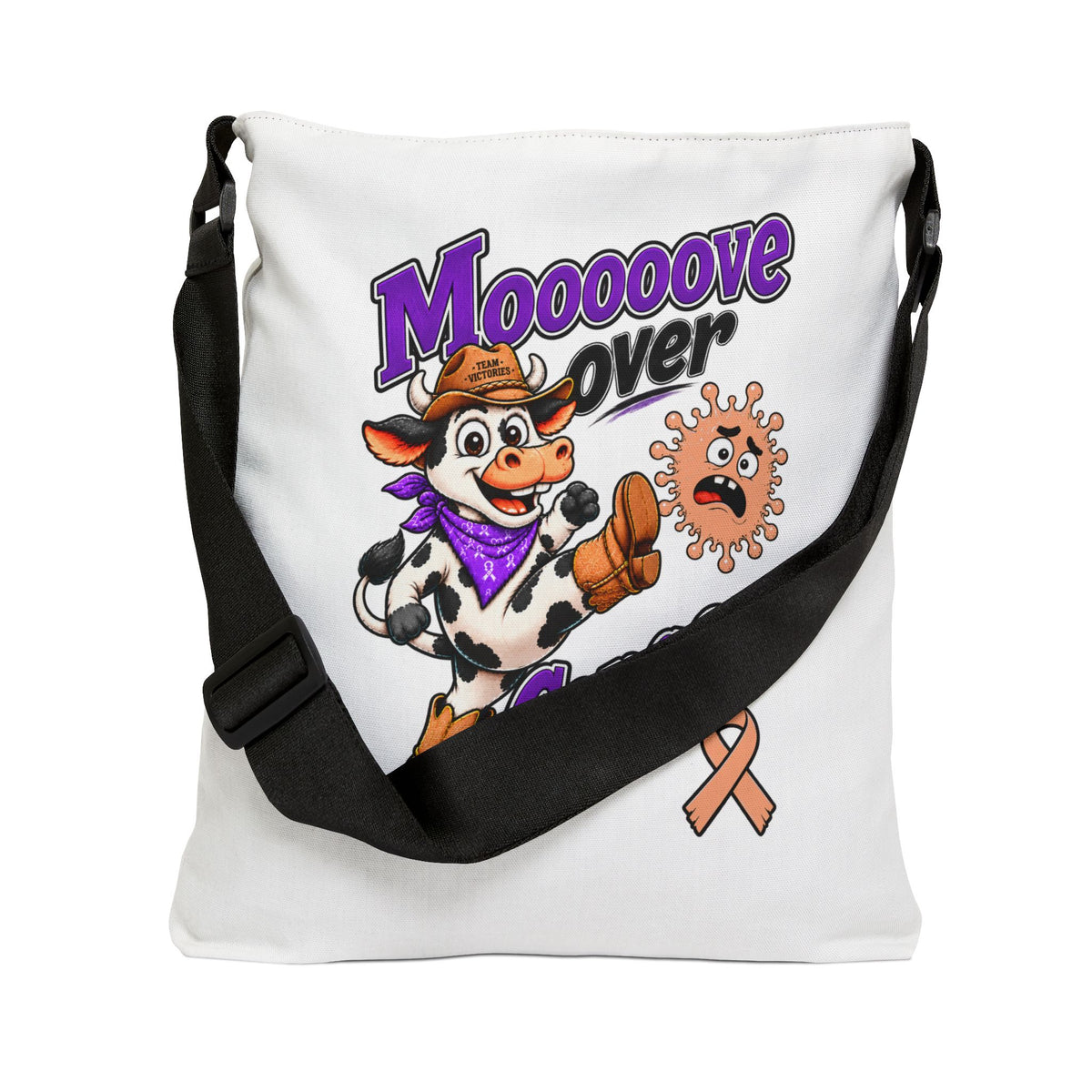 Moooove Over Cancer cow graphic partially framed by the tote's black strap