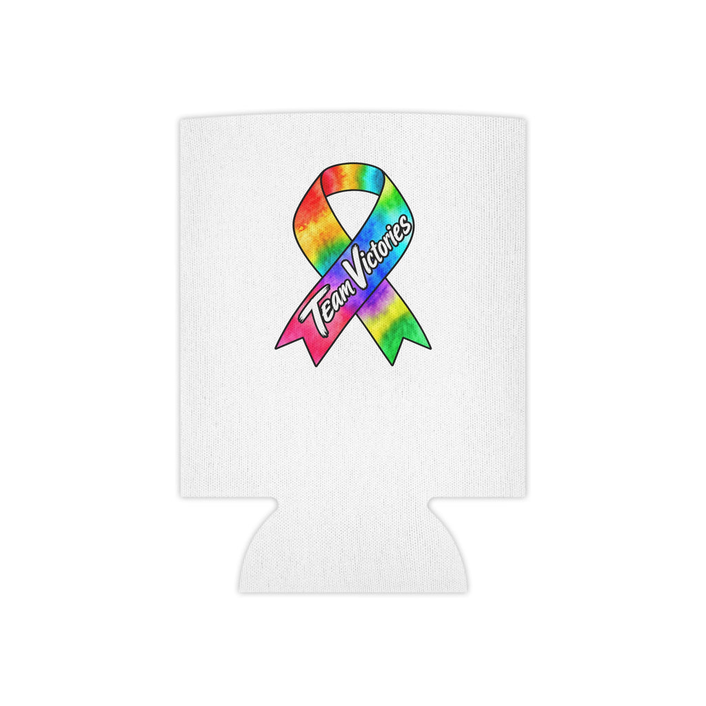 Team Victories colorful awareness ribbon artwork on white can cooler