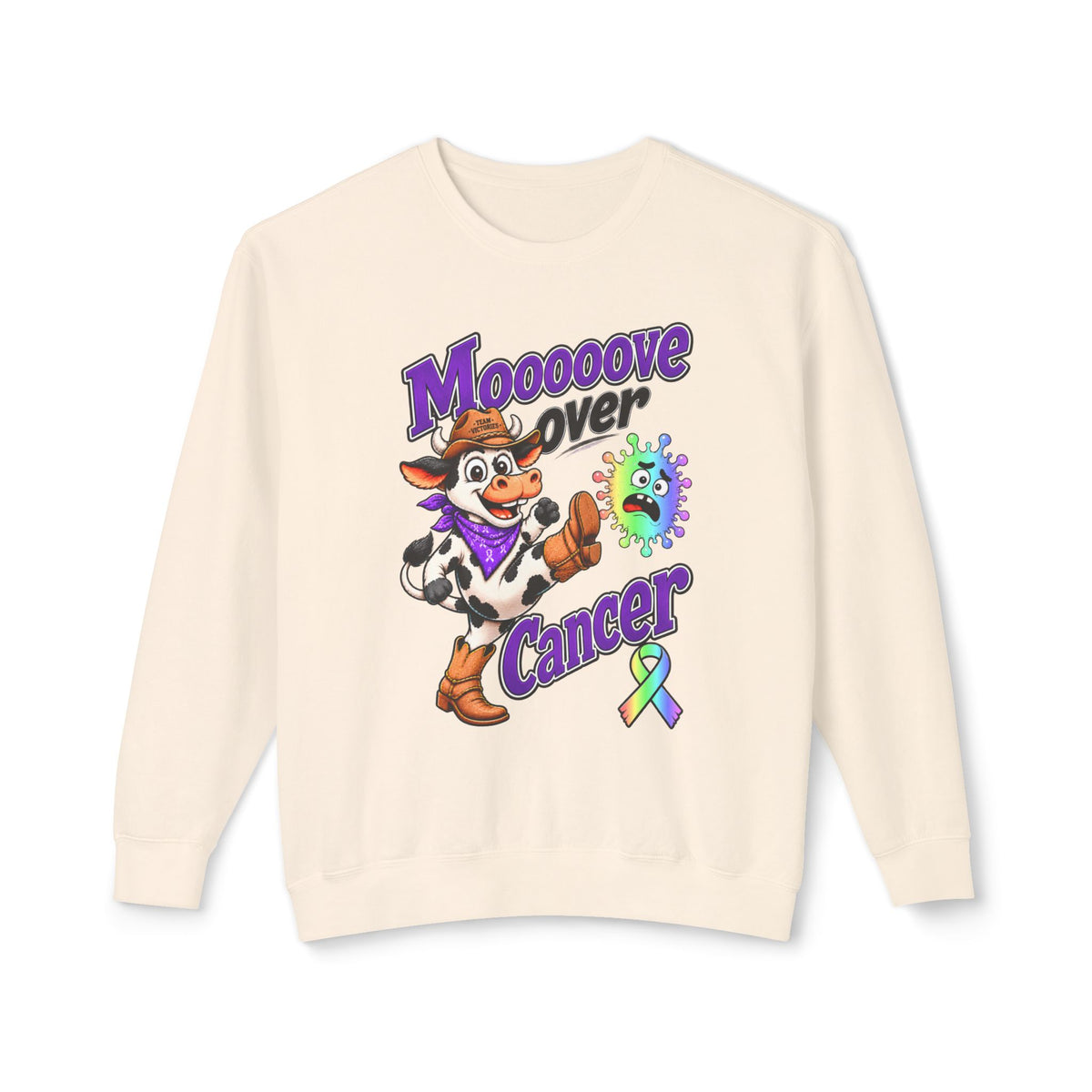 Moooove Over Cancer cream crewneck sweatshirt with cow artwork and all-cancer awareness ribbon