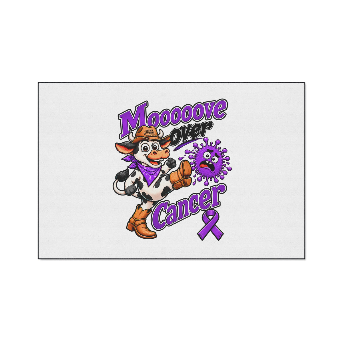 Moooove Over Cancer floor mat with cowgirl cow and Pancreatic Cancer awareness ribbon