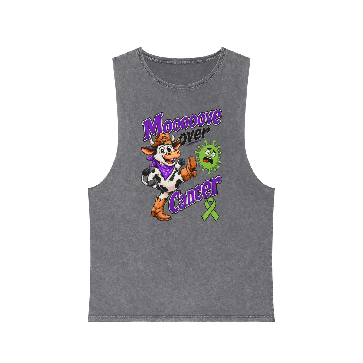Moooove Over Cancer stonewashed tank top in gray with cowgirl artwork