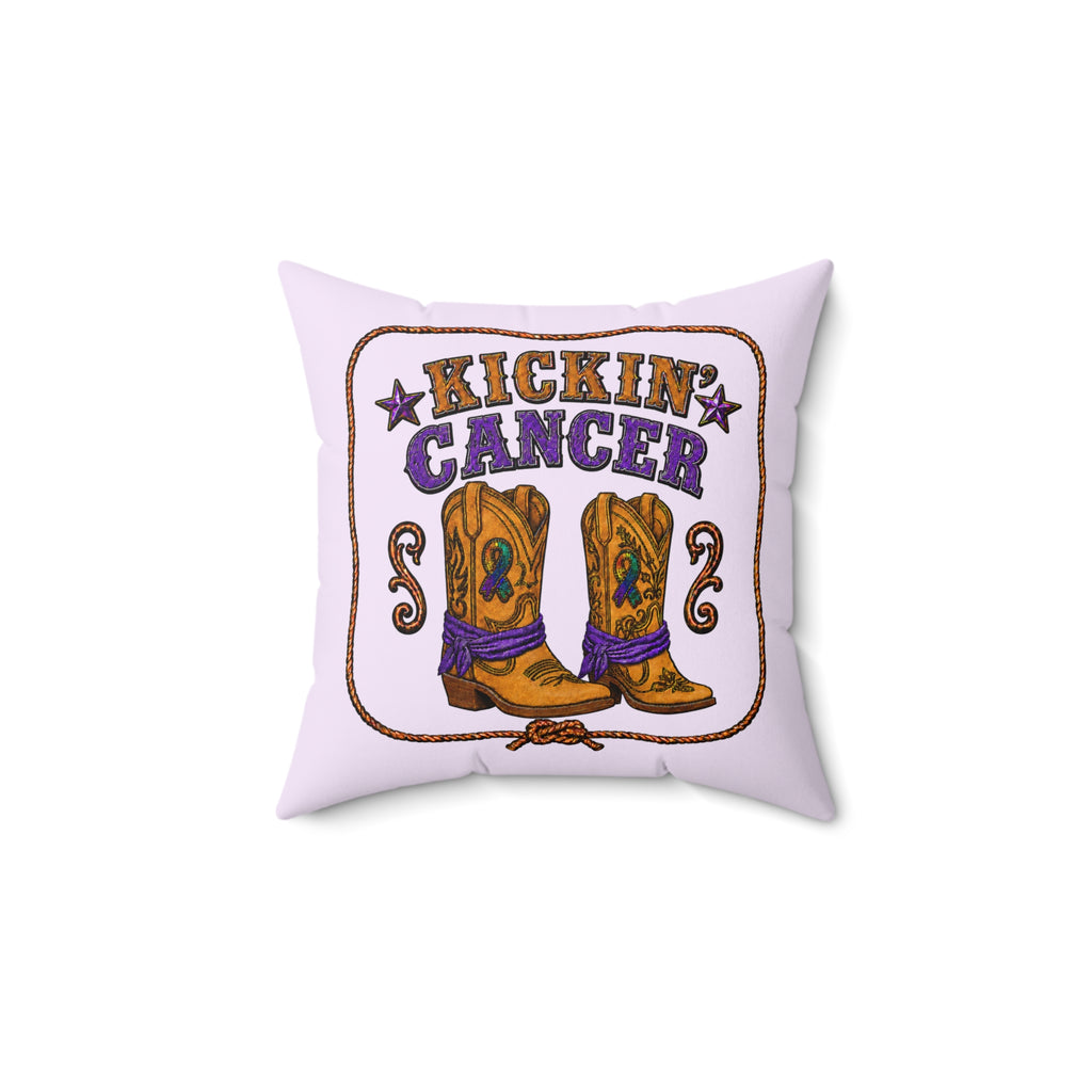 Lavender Kickin' Cancer throw pillow with cowboy boot and awareness ribbon artwork, 14-inch square