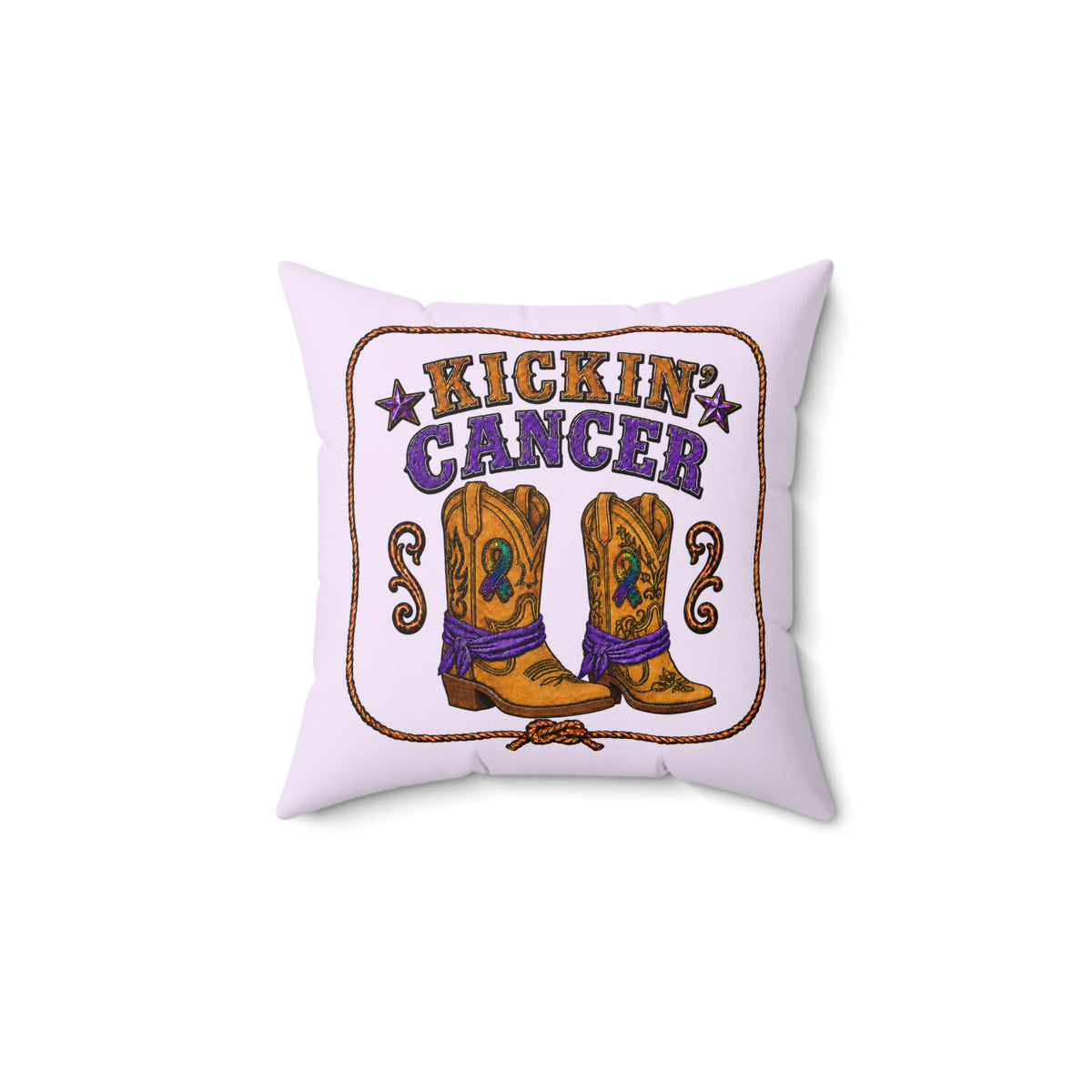 Lavender Kickin' Cancer throw pillow with cowboy boot and awareness ribbon artwork, 14-inch square