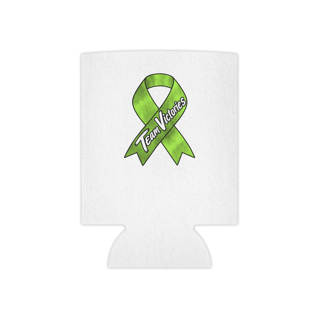 Team Victories green awareness ribbon design on the back of a white can cooler