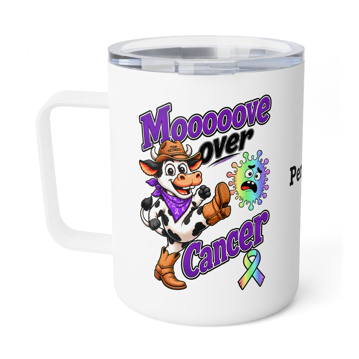 Moooove Over Cancer 10 oz mug with cowgirl artwork and colorful Team Victories ribbon