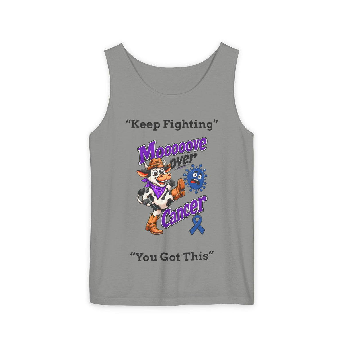 Gray-blue Moooove Over Cancer tank top with You Got This message and Colon Cancer awareness ribbon