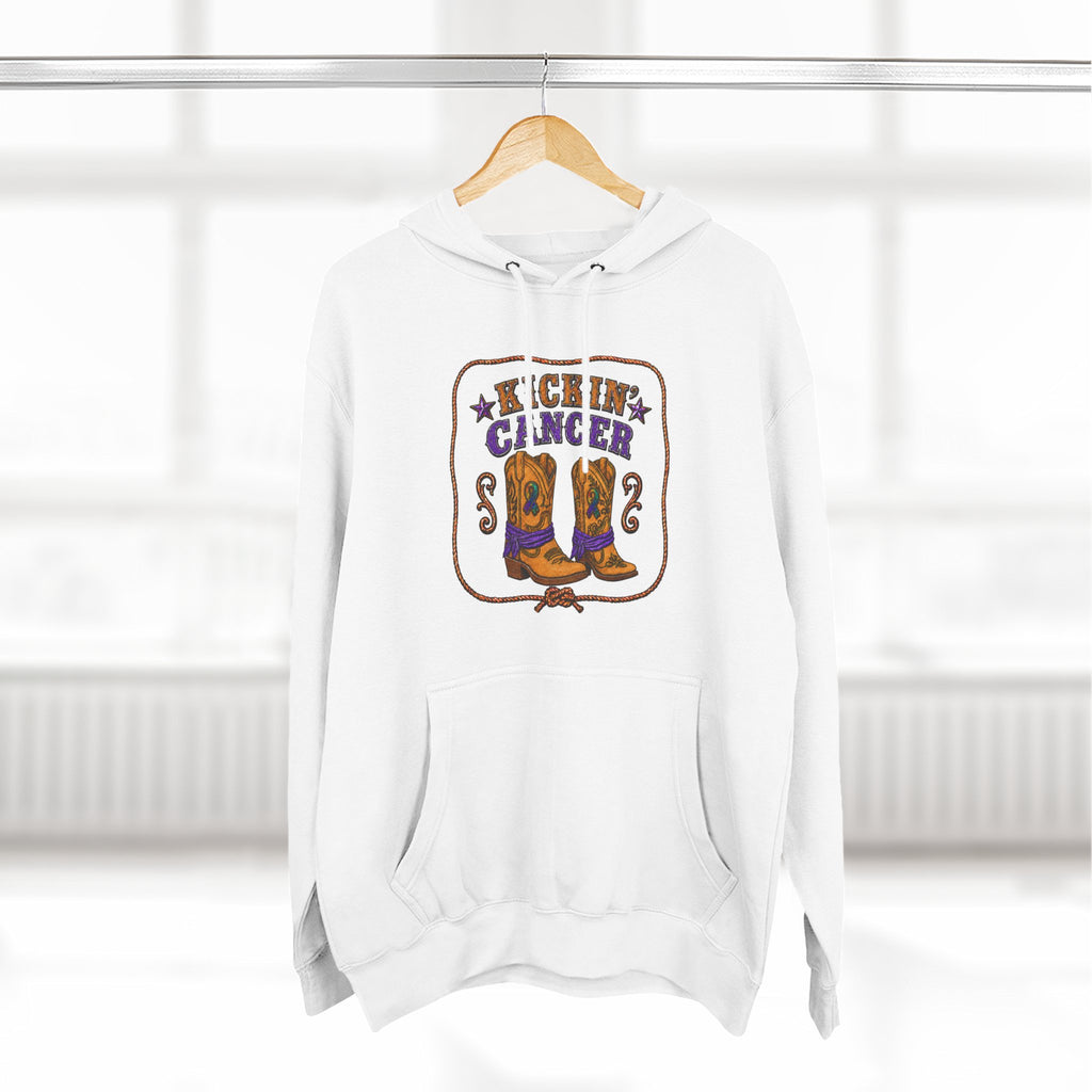 White Kickin' Cancer hoodie hanging from a wooden hanger