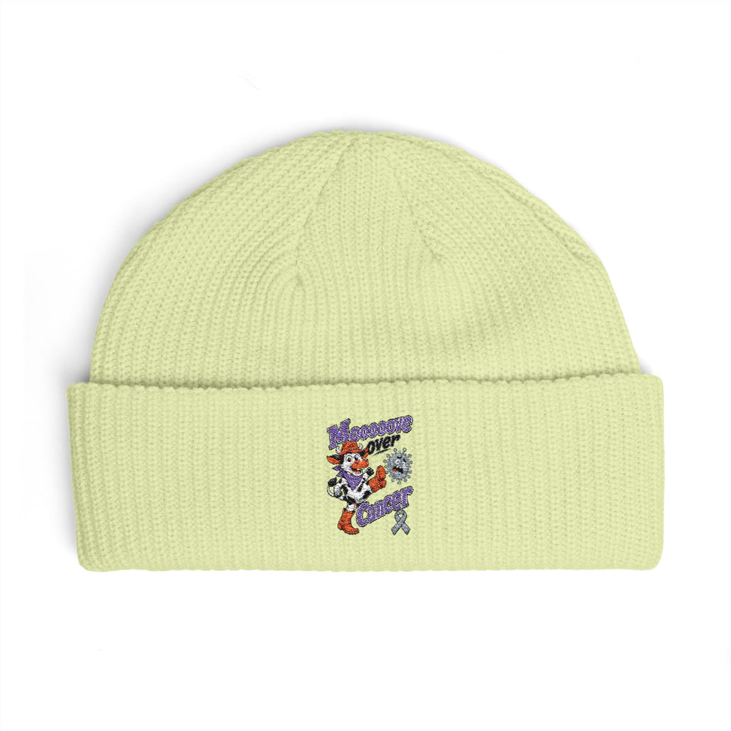 Pale yellow Moooove Over Cancer embroidered cuff beanie with awareness design