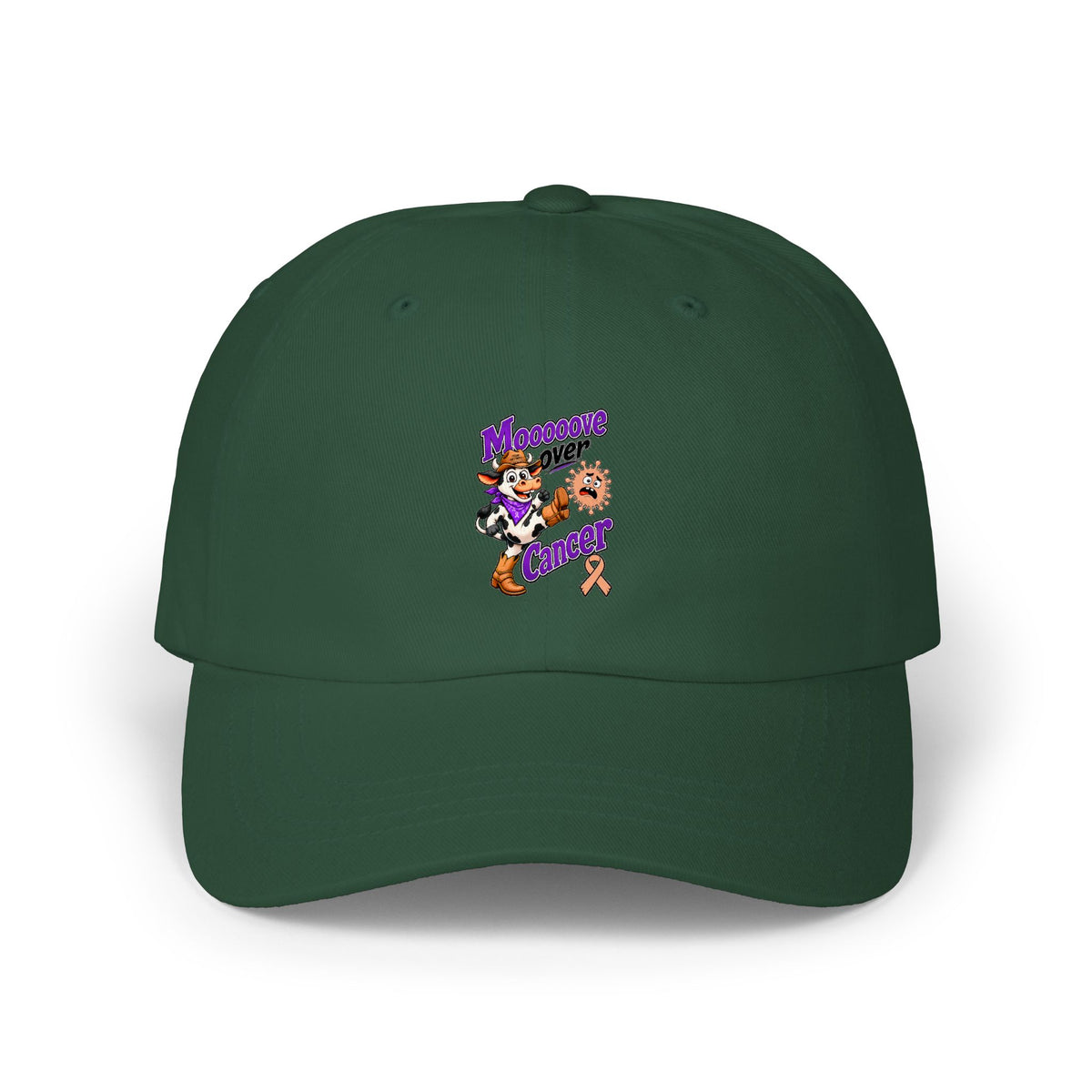 Moooove Over Cancer beige dad cap featuring Uterine Cancer awareness ribbon artwork