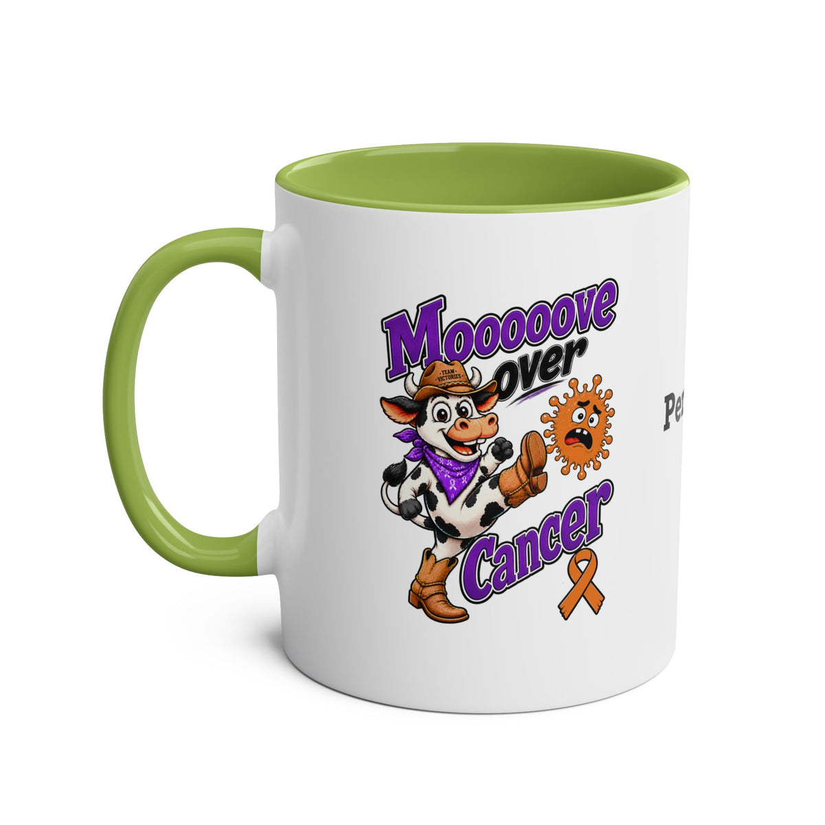 Moooove Over Cancer two-tone mug with green interior and handle