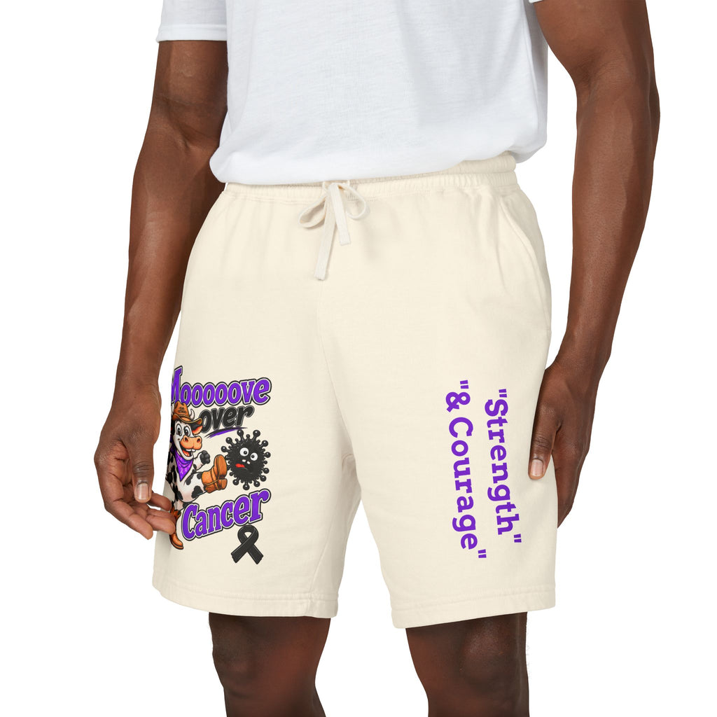 Moooove Over Cancer cream sweat shorts styled on a model, showing the colorful artwork and black ribbon