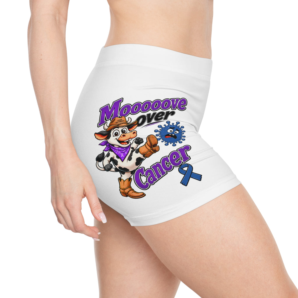 Side view of Moooove Over Cancer shorts with cow artwork and blue ribbon design