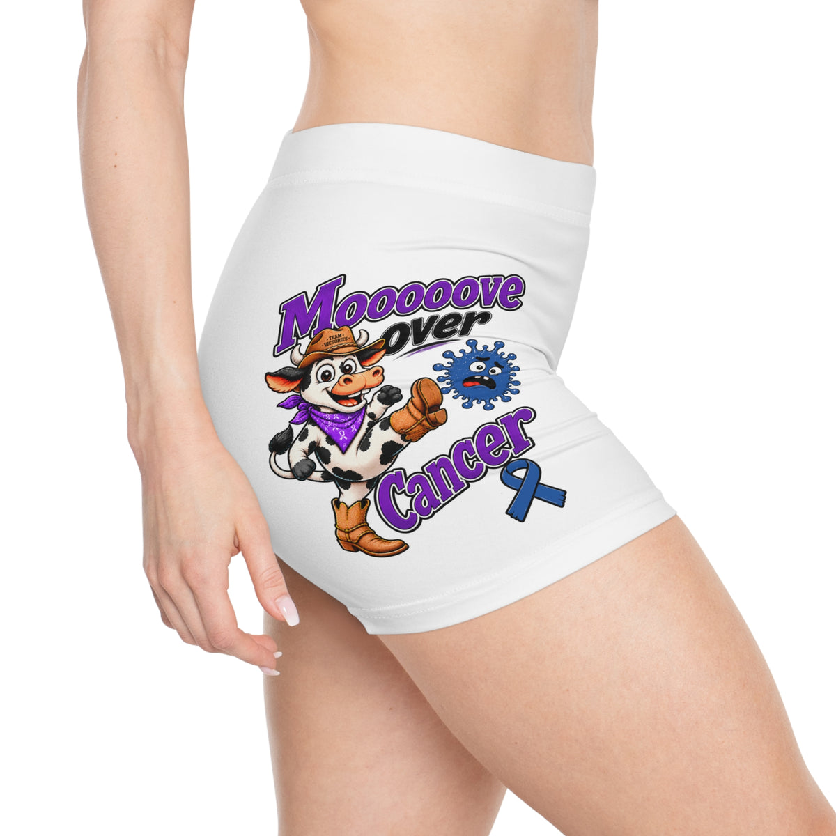 Side view of Moooove Over Cancer shorts with cow artwork and blue ribbon design
