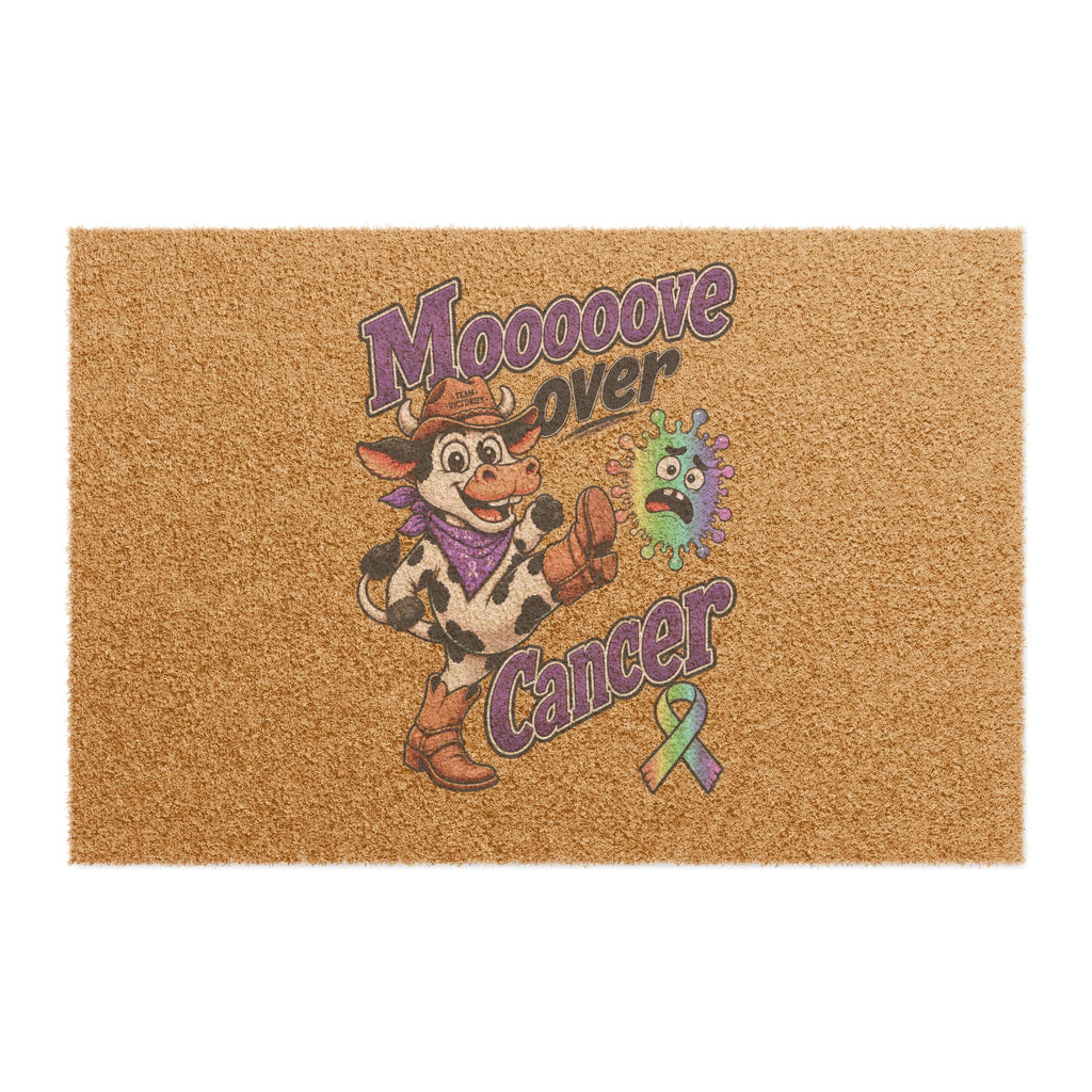 Moooove Over Cancer coir doormat with cow, cancer cell character, and awareness ribbon design