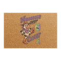 Moooove Over Cancer coir doormat with cow, cancer cell character, and awareness ribbon design