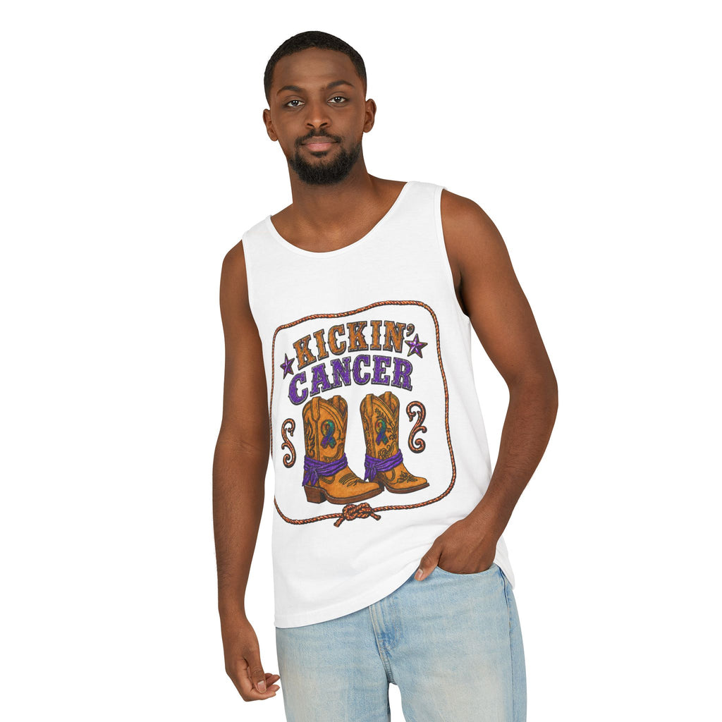 Man wearing a white Kickin' Cancer tank top with Western boot artwork