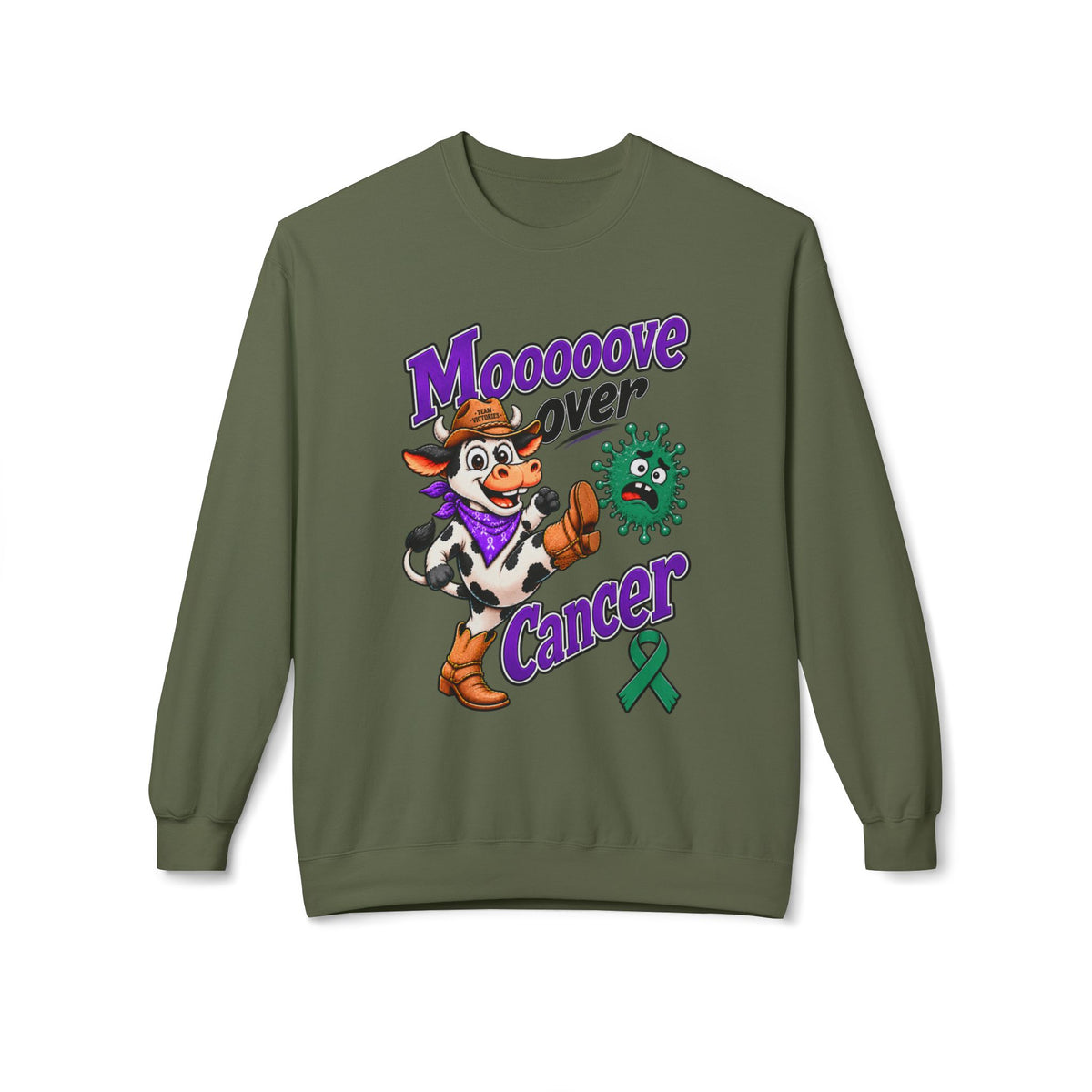 Brown Moooove Over Cancer sweatshirt with Liver Cancer awareness ribbon artwork