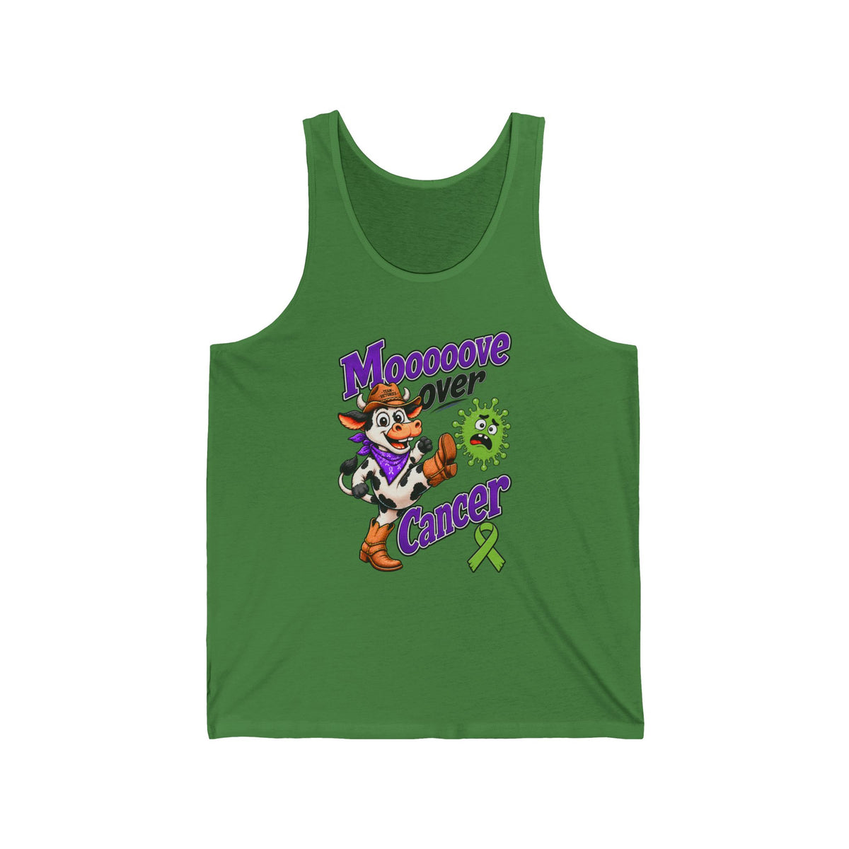Green Moooove Over Cancer tank top featuring cow-inspired artwork and Non-Hodgkin/Lymphoma Cancer awareness ribbon
