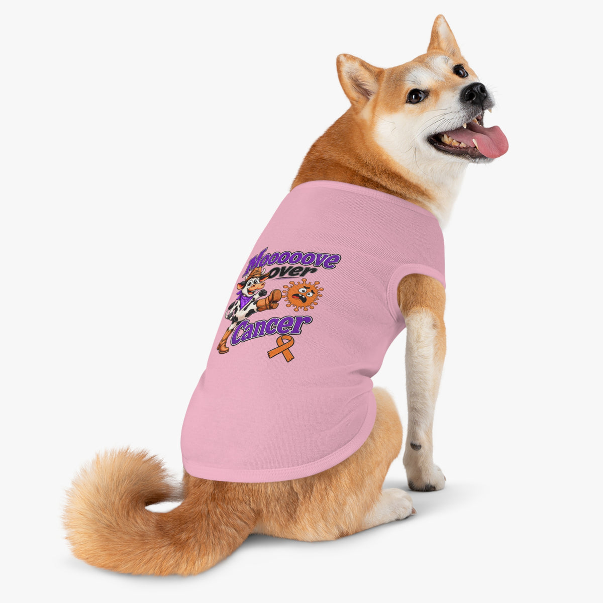 Rear view of a dog wearing a pink Moooove Over Cancer pet tank