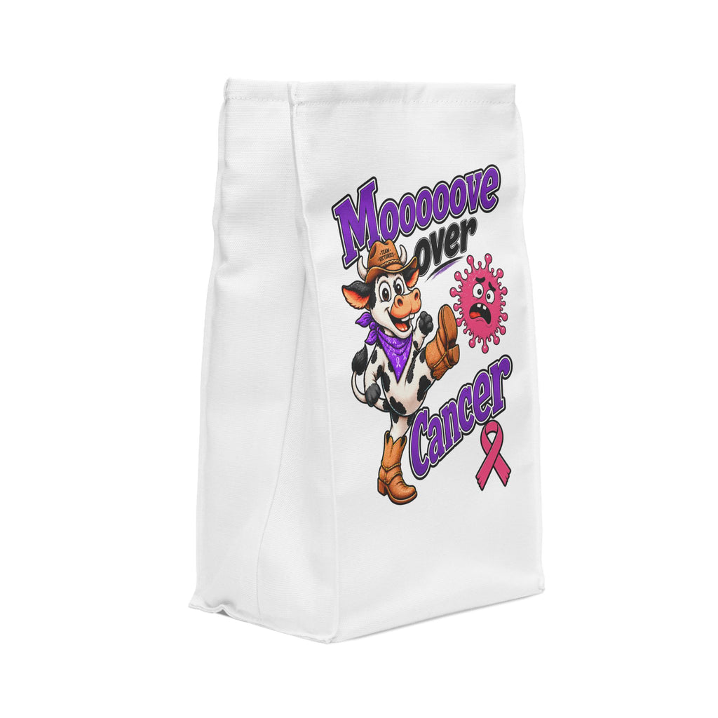 Side view of Moooove Over Cancer insulated polyester lunch bag