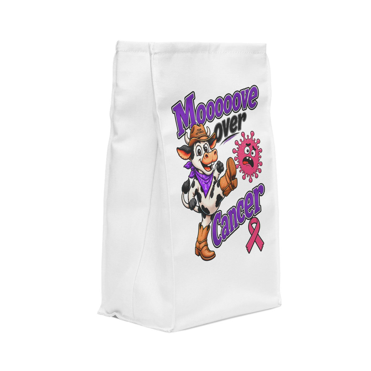 Side view of Moooove Over Cancer insulated polyester lunch bag