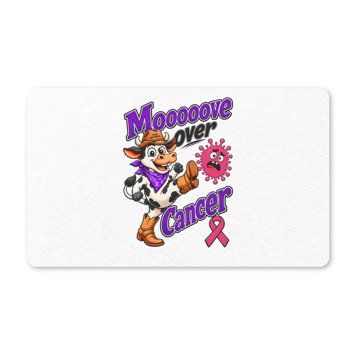 Moooove Over Cancer cow artwork with pink awareness ribbon on a polyester doormat