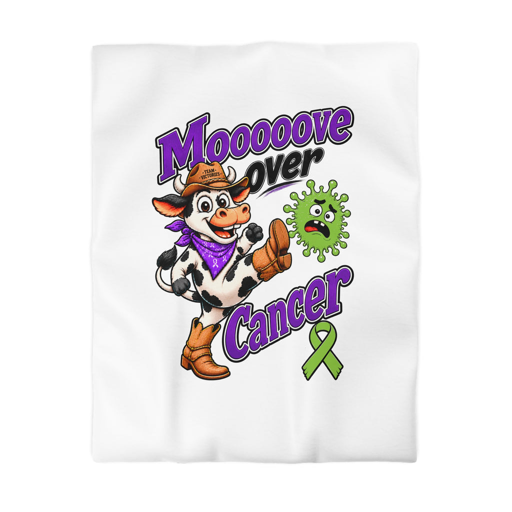 Moooove Over Cancer duvet cover with cowgirl artwork and Non-Hodgkin/Lymphoma Cancer awareness ribbon