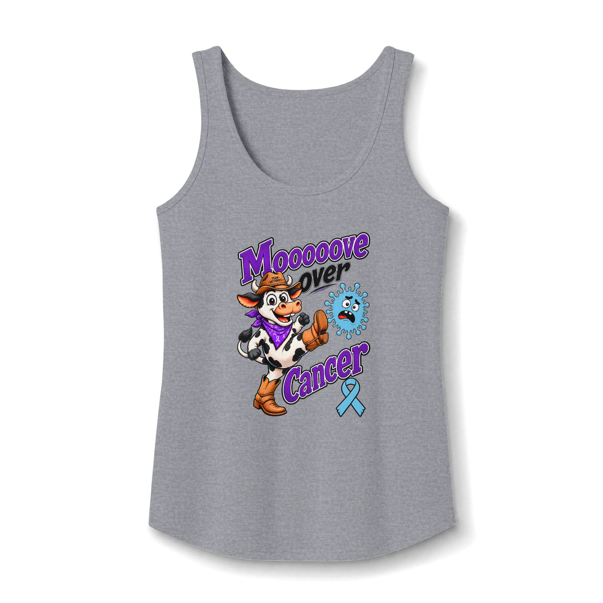 Moooove Over Cancer heather gray tank top with a Prostate Cancer awareness ribbon