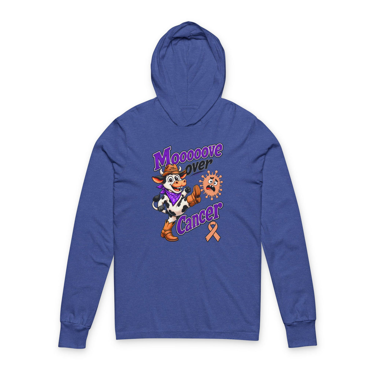 Blue Moooove Over Cancer hooded long-sleeve tee with cow artwork and Uterine Cancer awareness ribbon