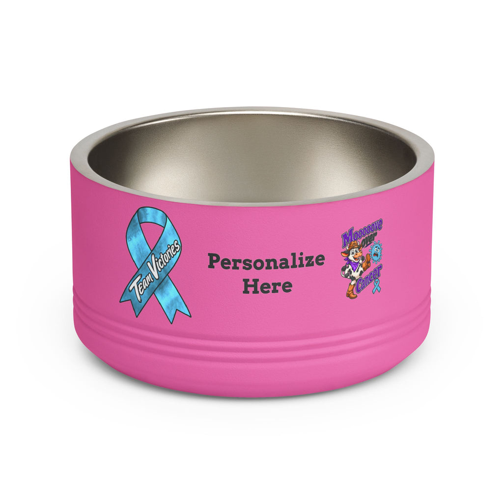 Mooove Over Cancer personalized pet bowl with Prostate Cancer awareness ribbon, pink finish