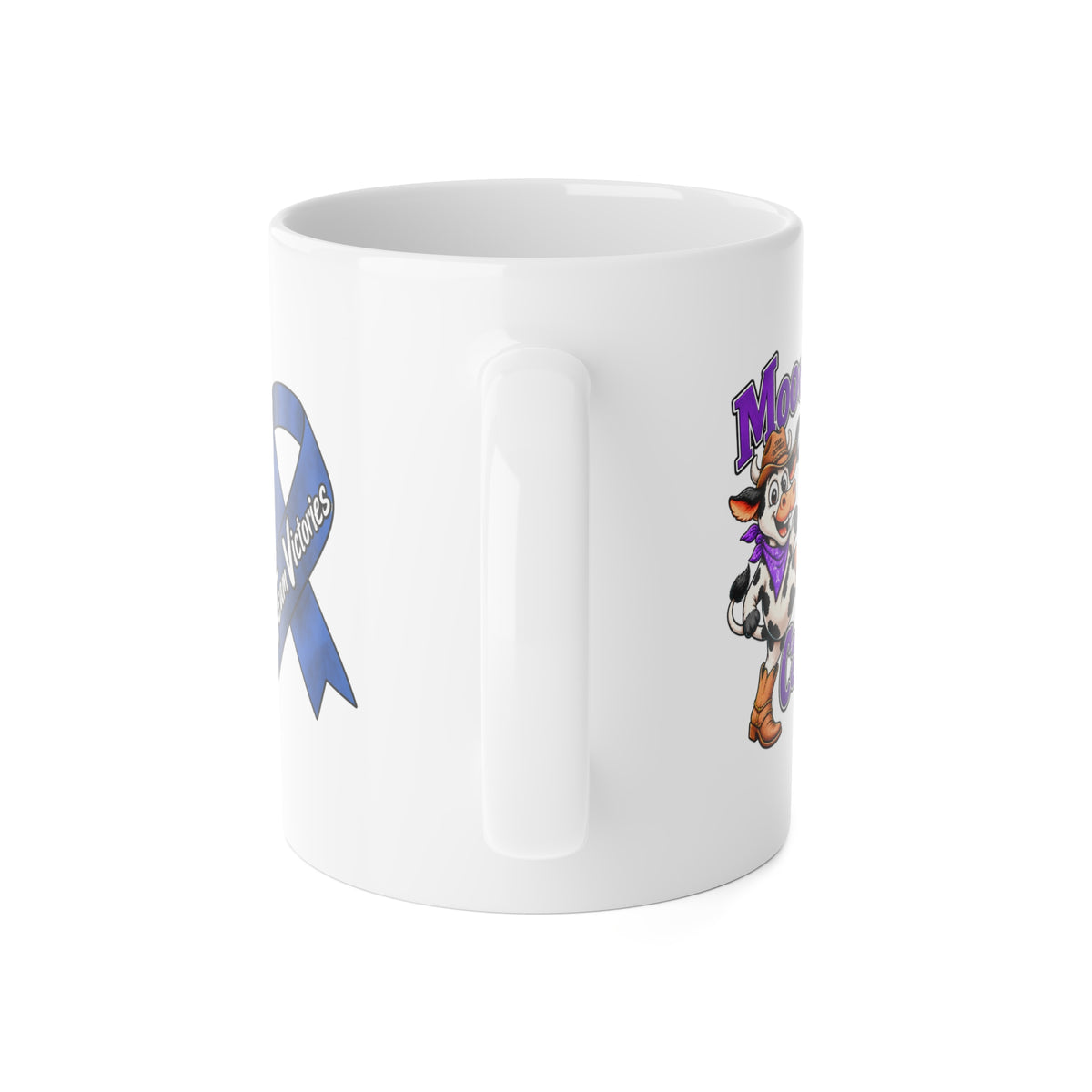 Side view of Moooove Over Cancer Team Victories ceramic mug design