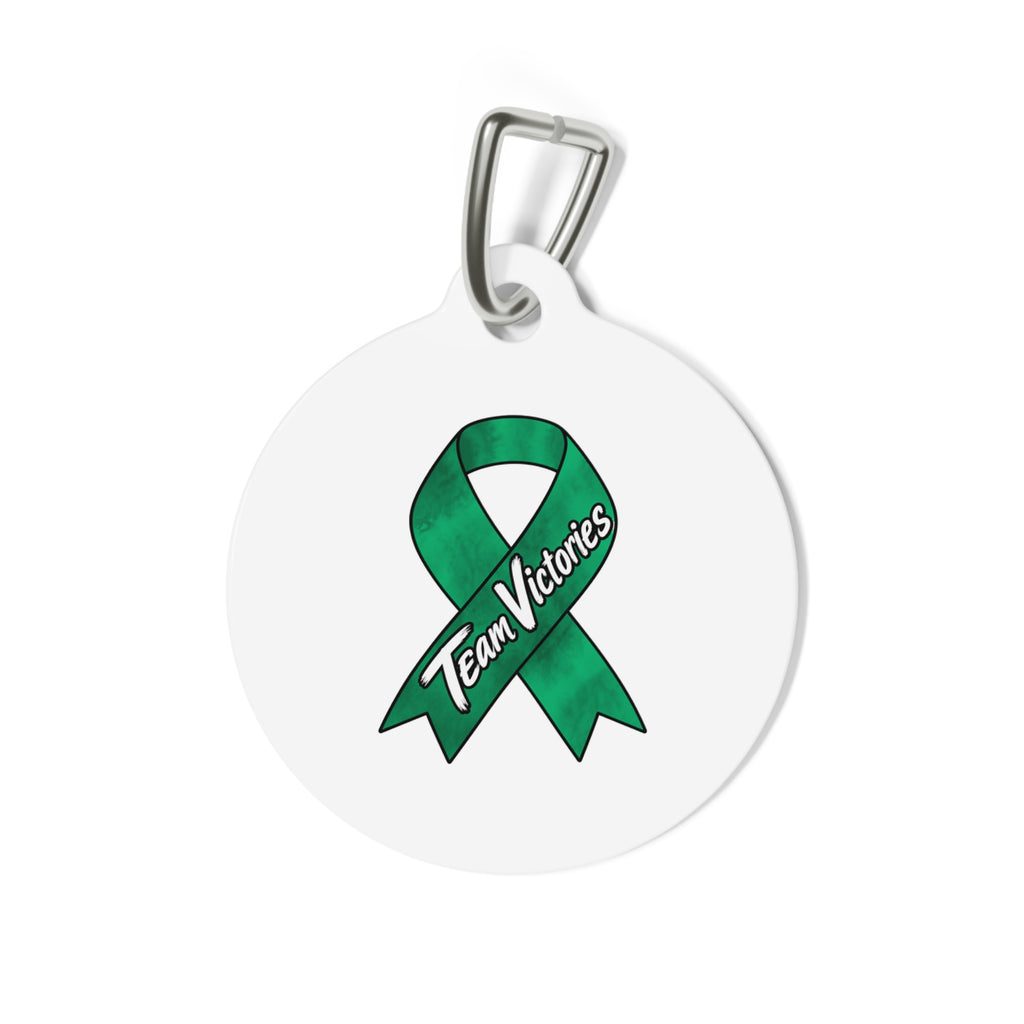 Team Victories green Liver Cancer awareness ribbon on a round pet ID tag