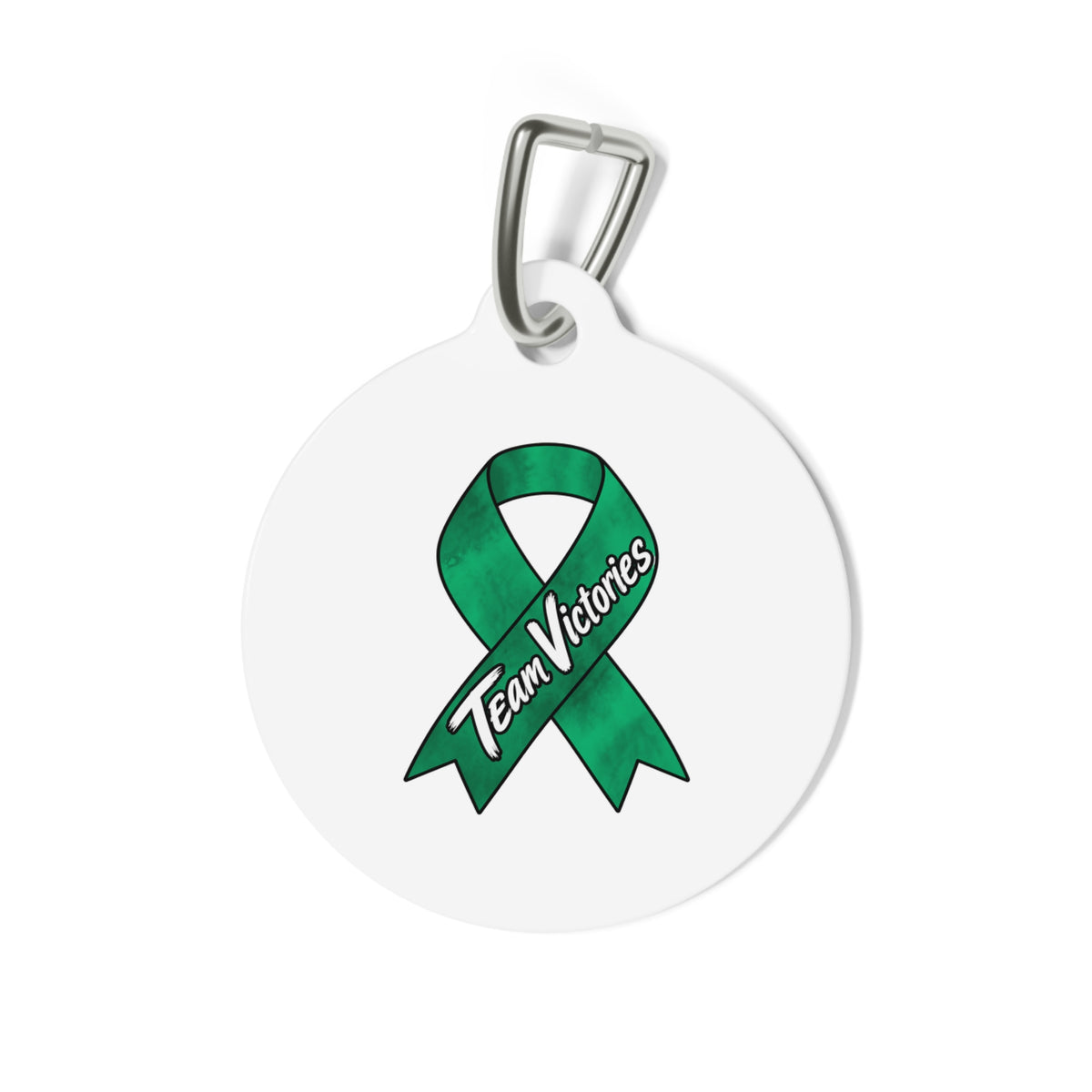Team Victories green Liver Cancer awareness ribbon on a round pet ID tag
