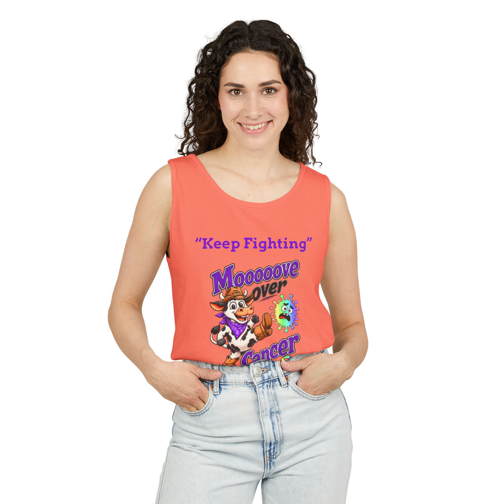 Man modeling a cream Moooove Over Cancer tank top with all-cancer awareness ribbon
