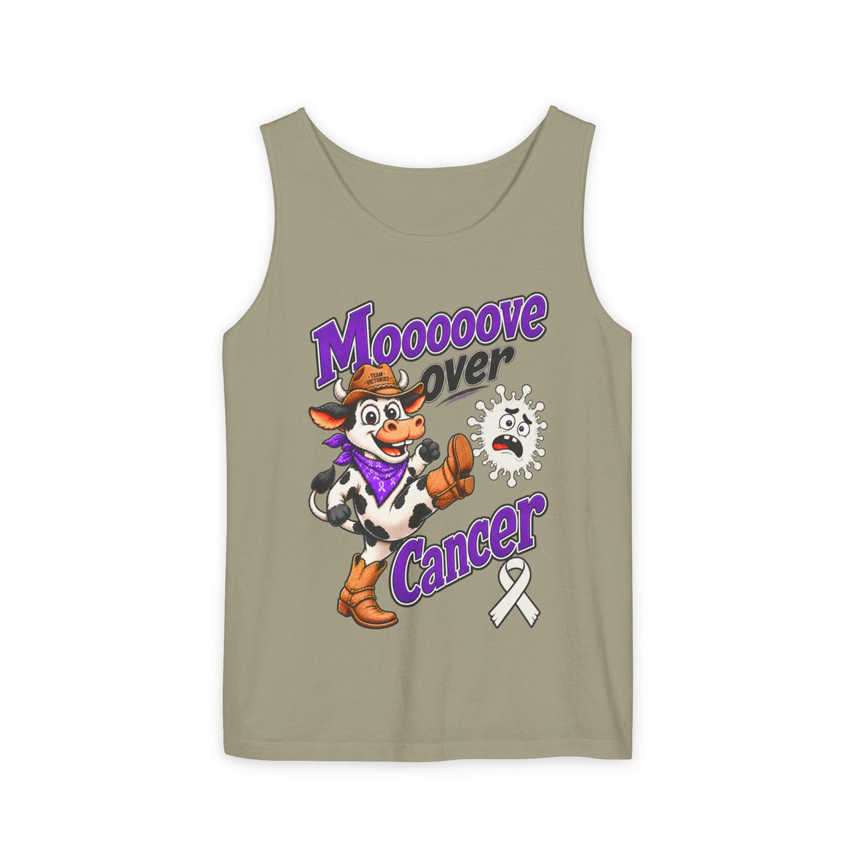 Moooove Over Cancer tank top with cow design and Lung Cancer awareness ribbon in olive