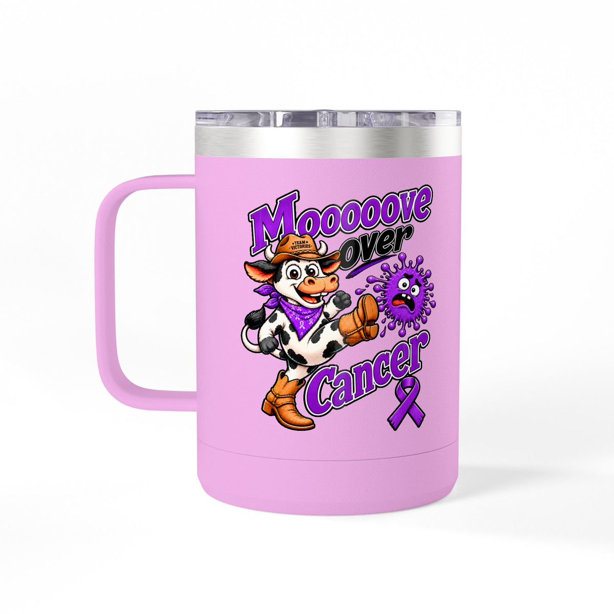 Pink Moooove Over Cancer insulated mug with purple Pancreatic Cancer awareness ribbon