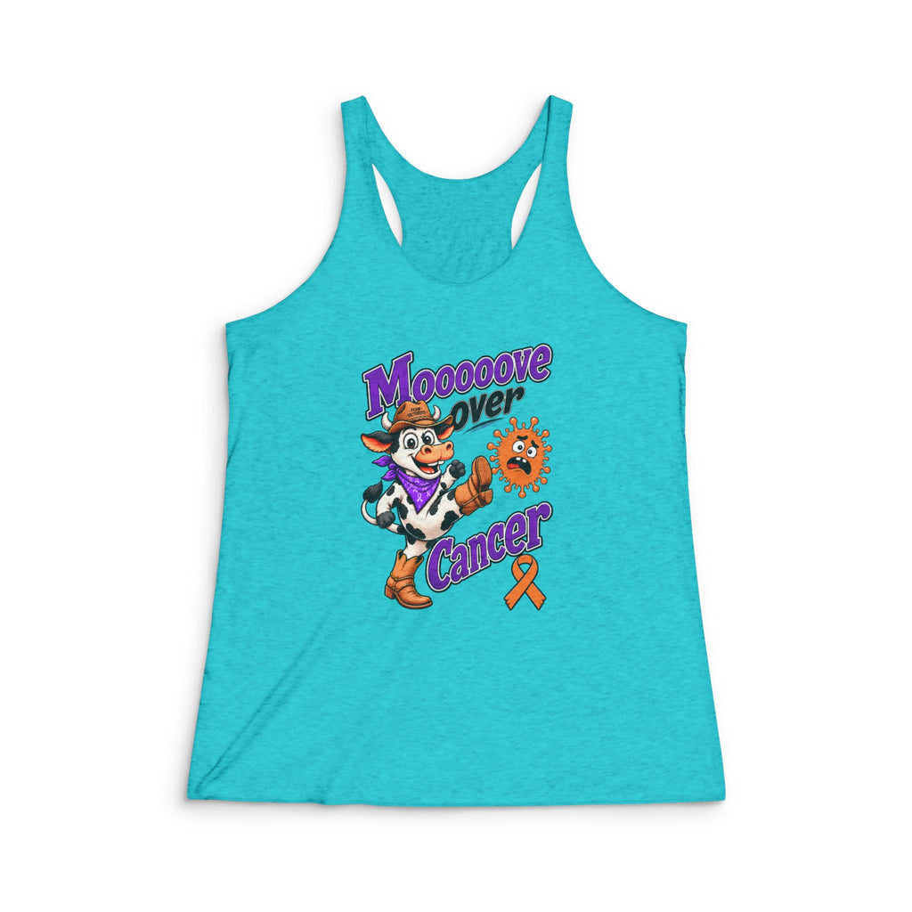 Turquoise Moooove Over Cancer racerback tank with orange Leukemia/Kidney Cancer awareness ribbon