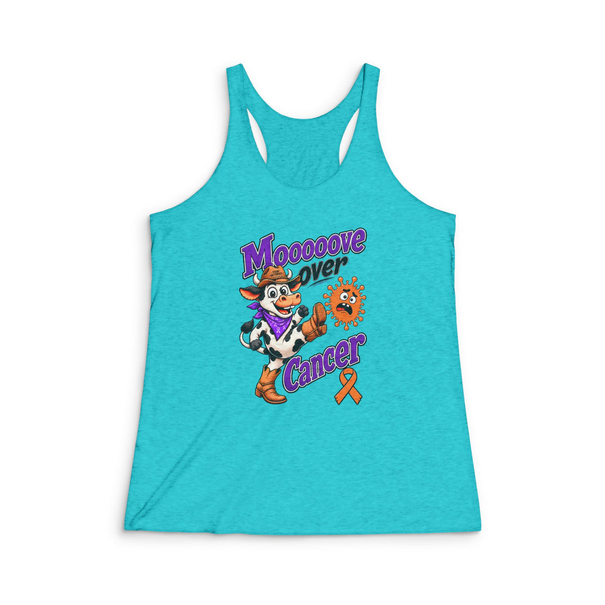 Turquoise Moooove Over Cancer racerback tank with orange Leukemia/Kidney Cancer awareness ribbon