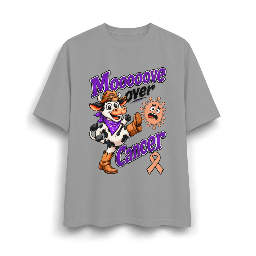 Moooove Over Cancer gray heavyweight T-shirt with colorful cowboy cancer artwork