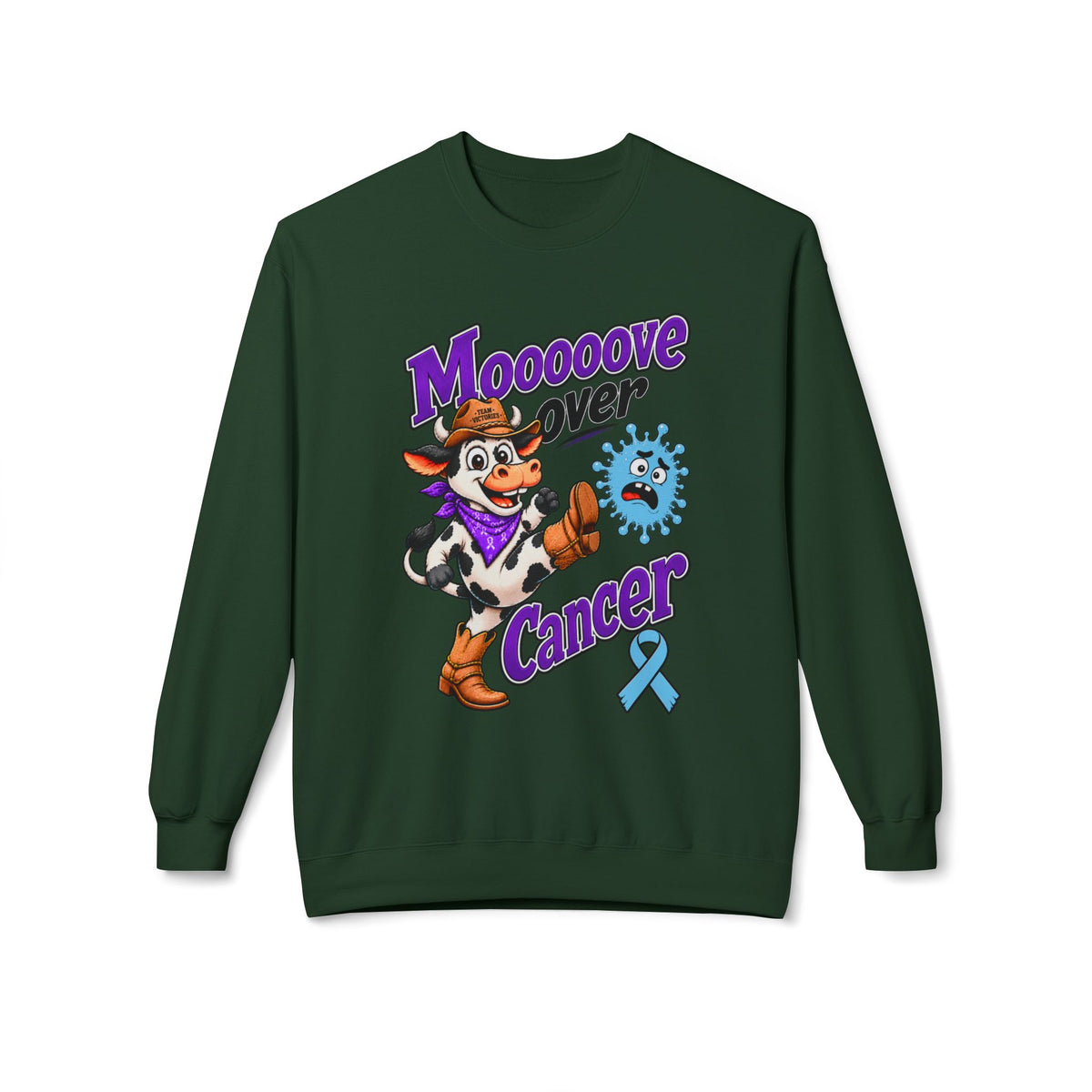 Tan Moooove Over Cancer crewneck with Prostate Cancer awareness ribbon design