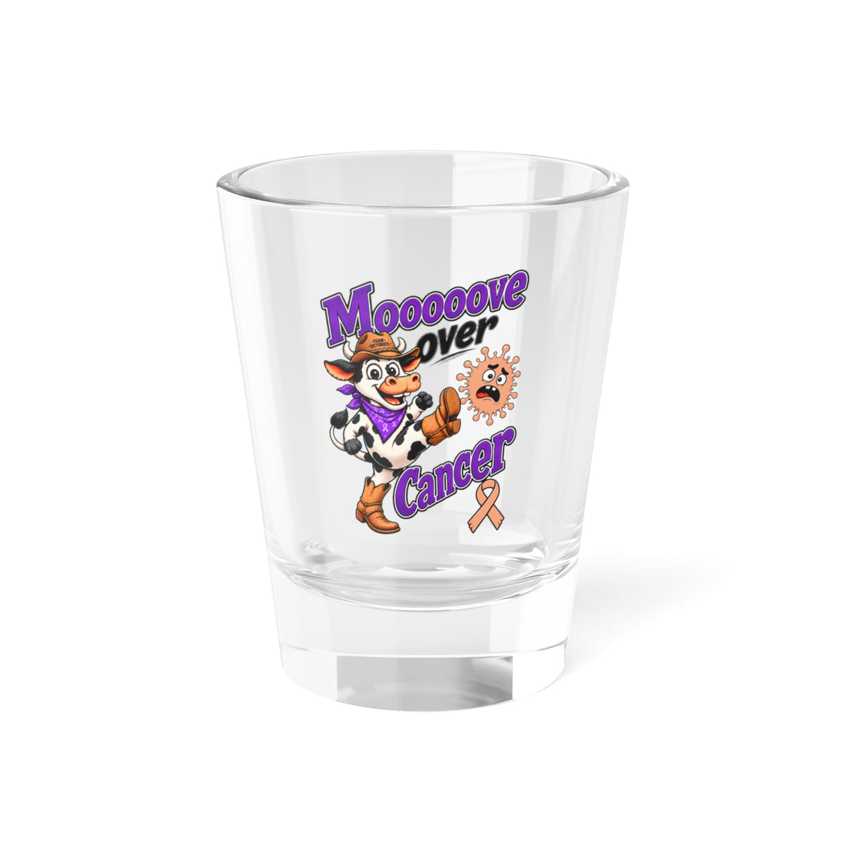 Moooove Over Cancer 1.5 oz shot glass with colorful cow artwork and awareness ribbon