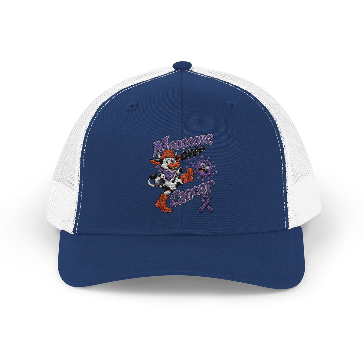 Angled view of Moooove Over Cancer hat with purple Pancreatic Cancer awareness ribbon