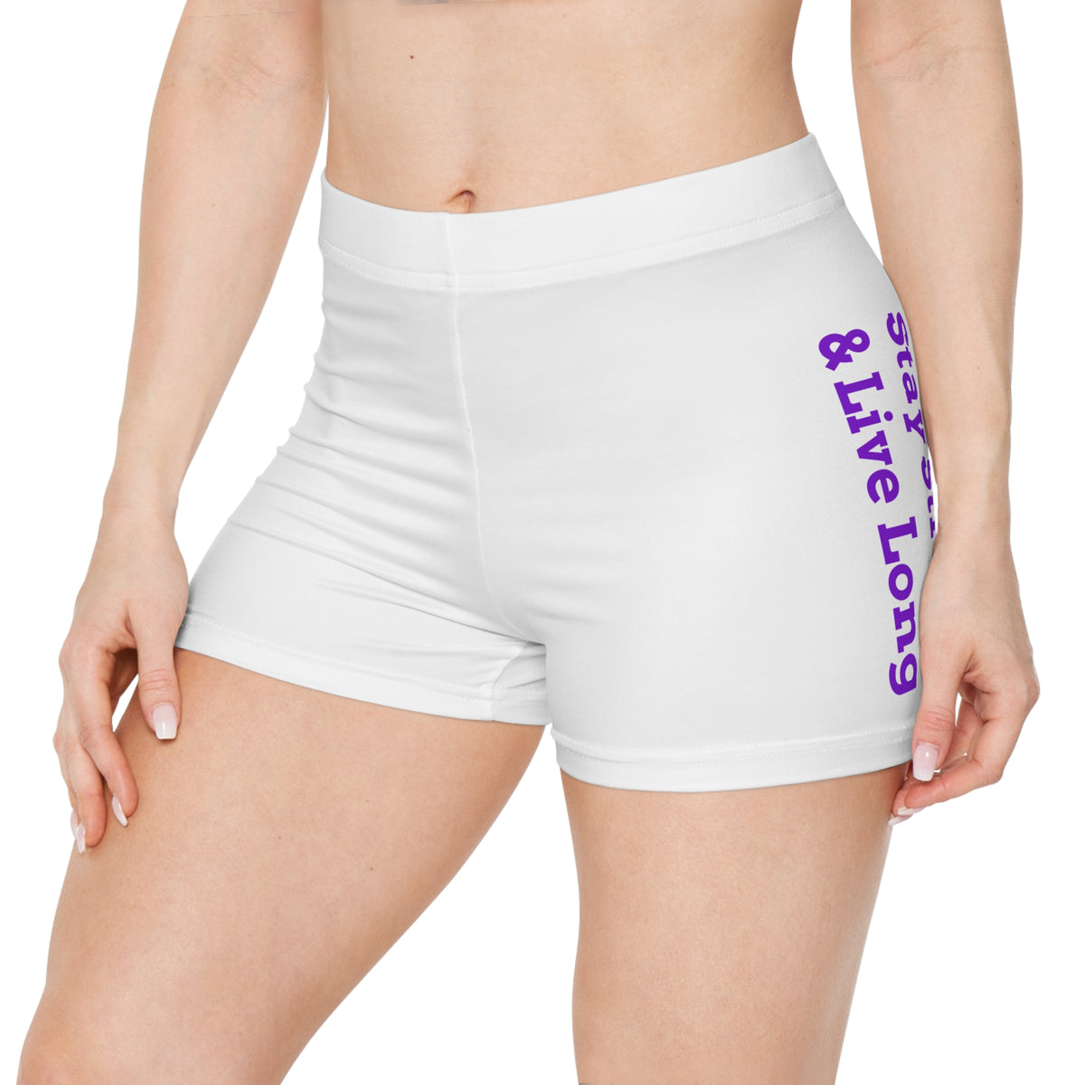 Moooove Over Cancer women's athletic shorts front-side view with purple Live Long lettering
