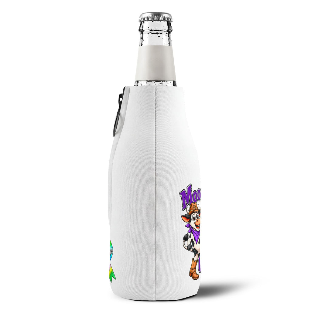 Side view of Moooove Over Cancer bottle cooler sleeve showing the printed design
