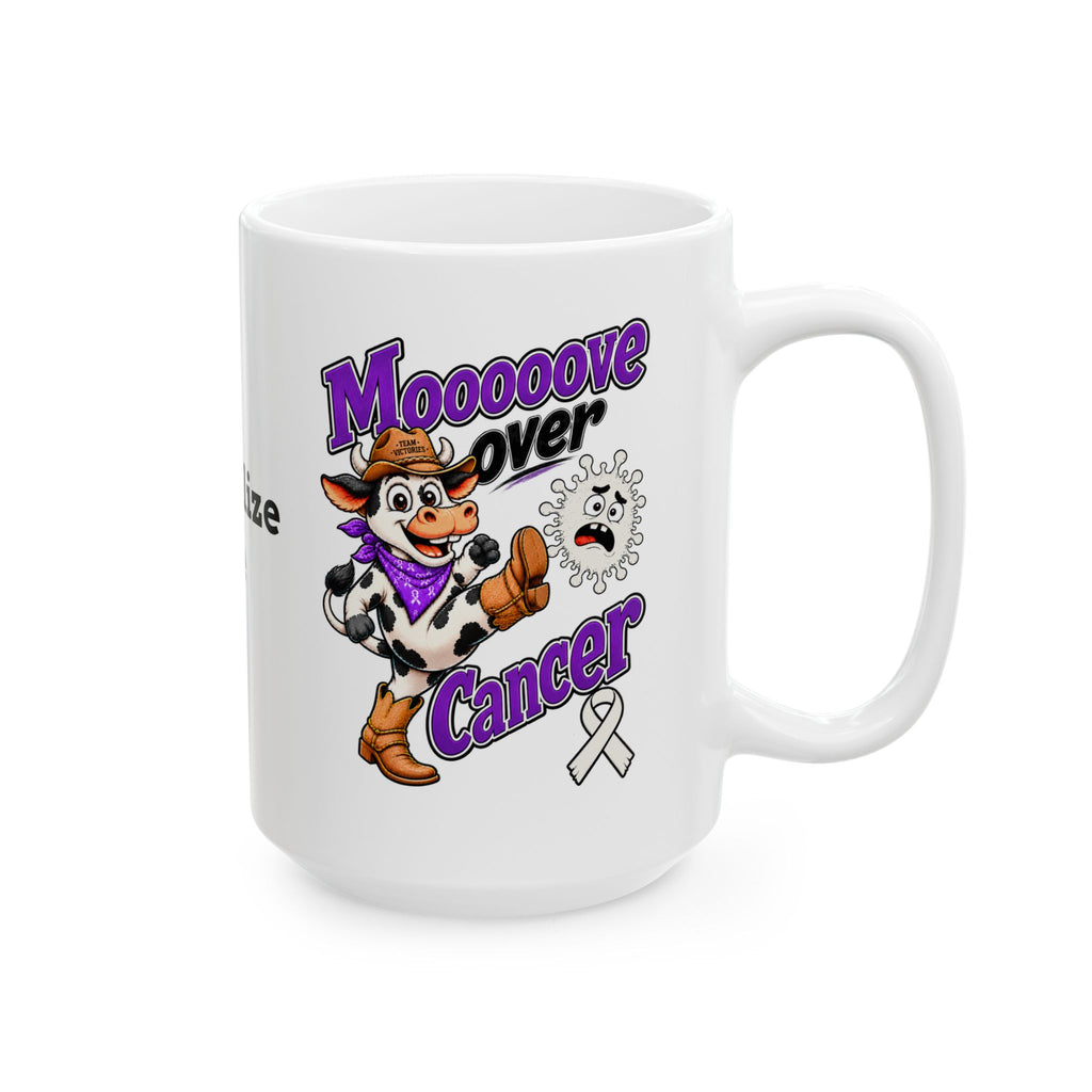 Moooove Over Cancer mug showing colorful cow artwork and Lung Cancer awareness ribbon